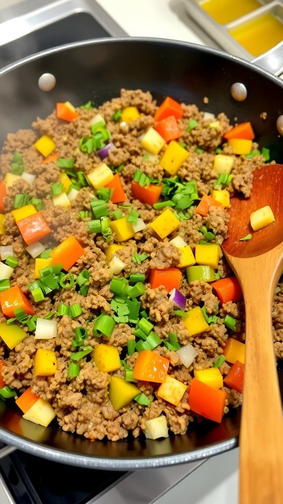 Healthy 3-Ingredient Ground Beef Skillet A skillet with ground beef, bell peppers, and onions, garnished with herbs, ready to serve.